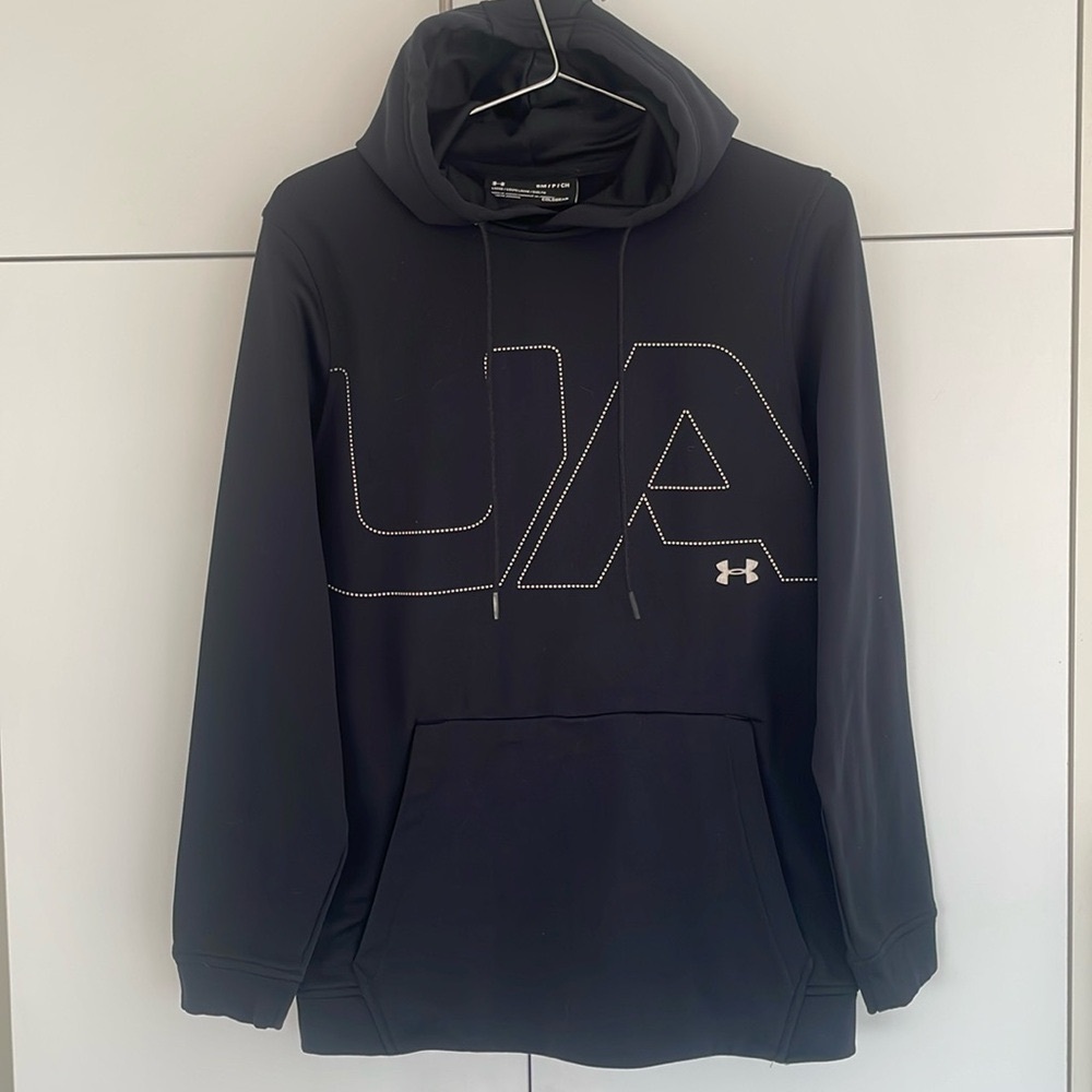Under Armour Thermafleece Black Pullover Hoodie White Logo Small PTP 21.5